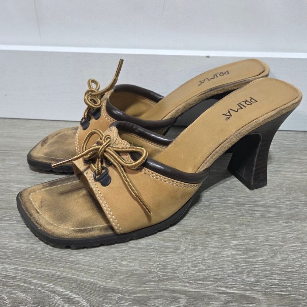 Prima Royale Tan Leather Open Toe Block Heel Sandal Size 8.5